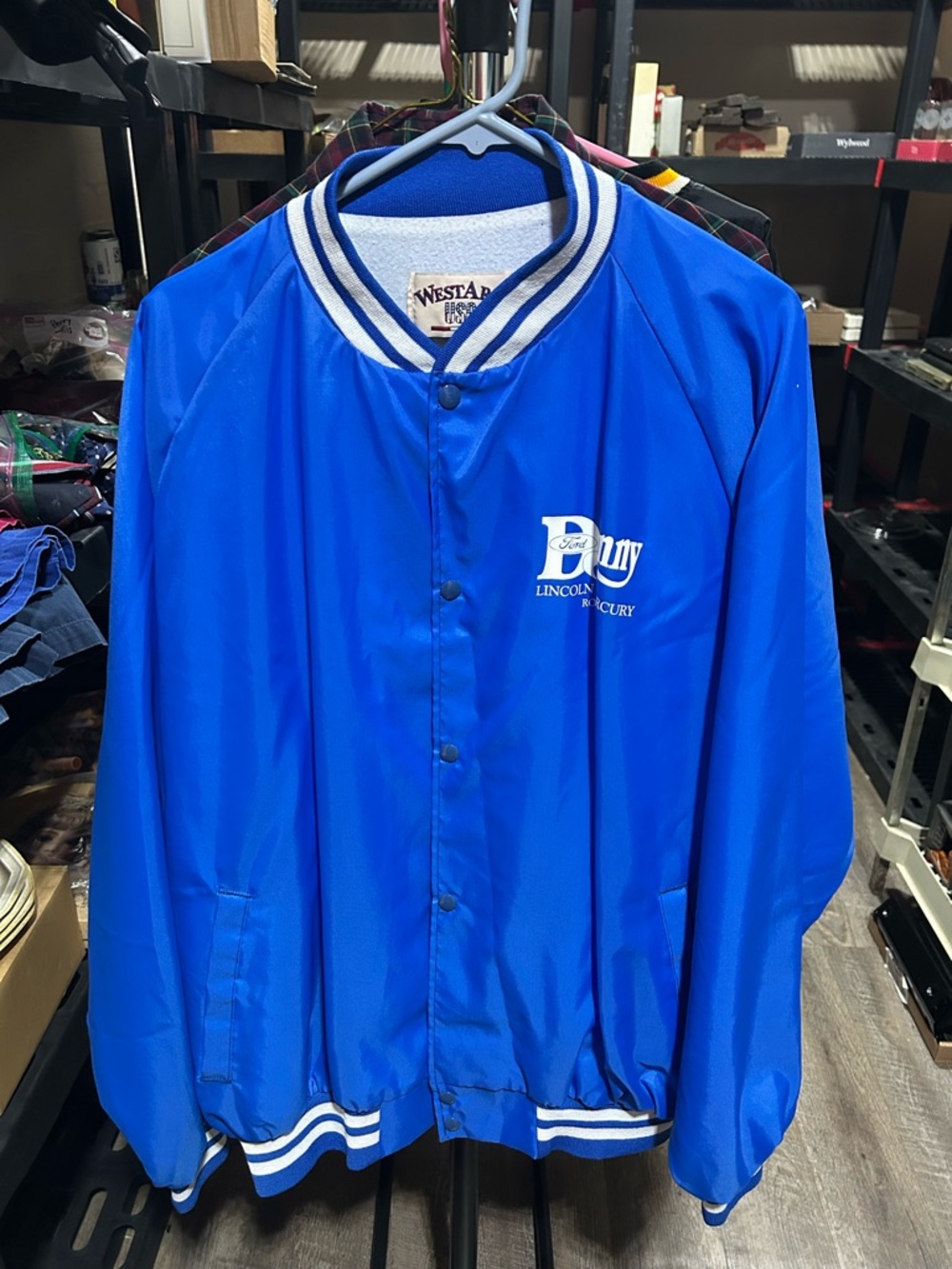 Vintage Blue Bomber Jacket with Striped Trim